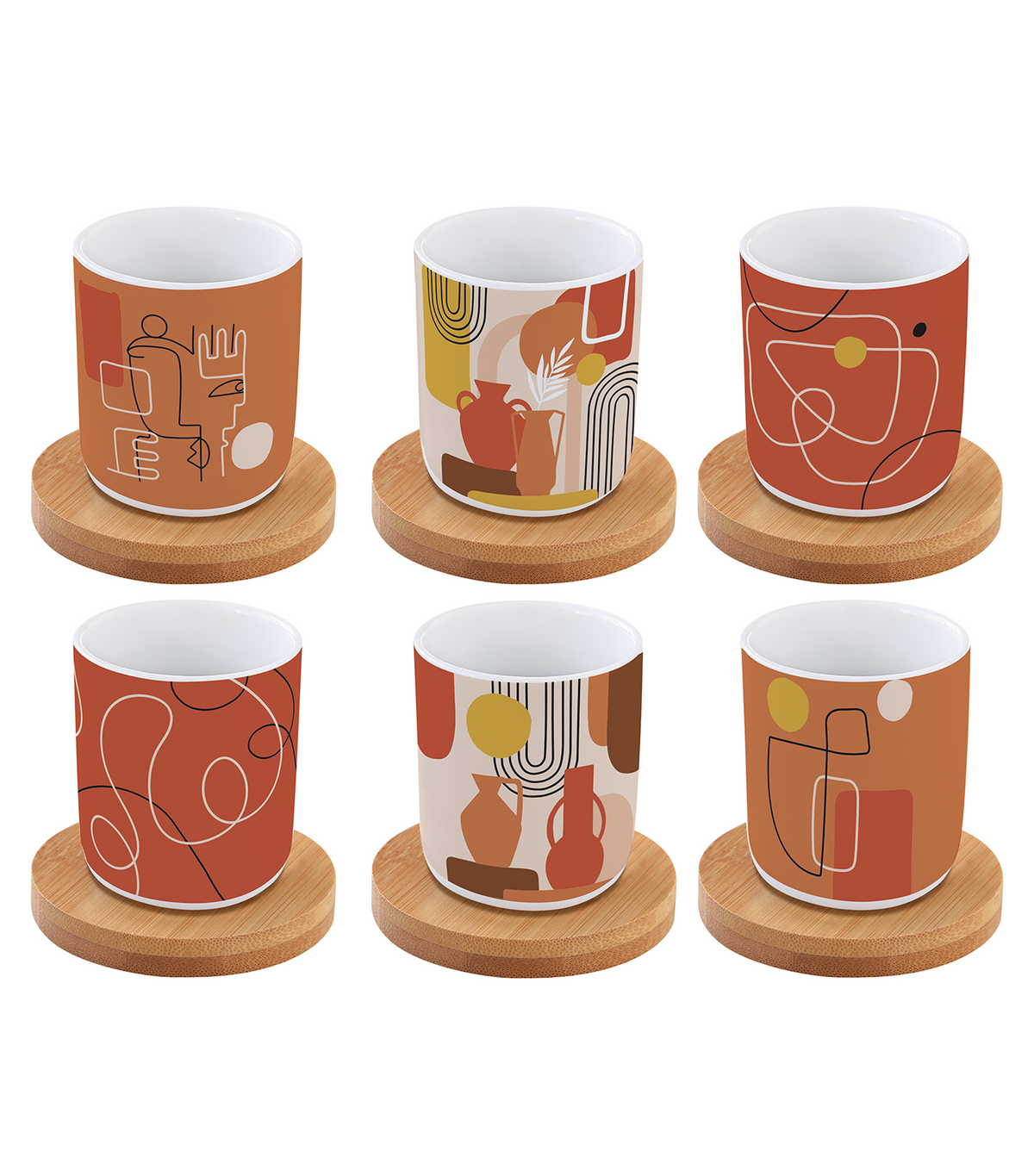 Terracotta Porcelain Coffee Cup with Bamboo Saucer Set of 6