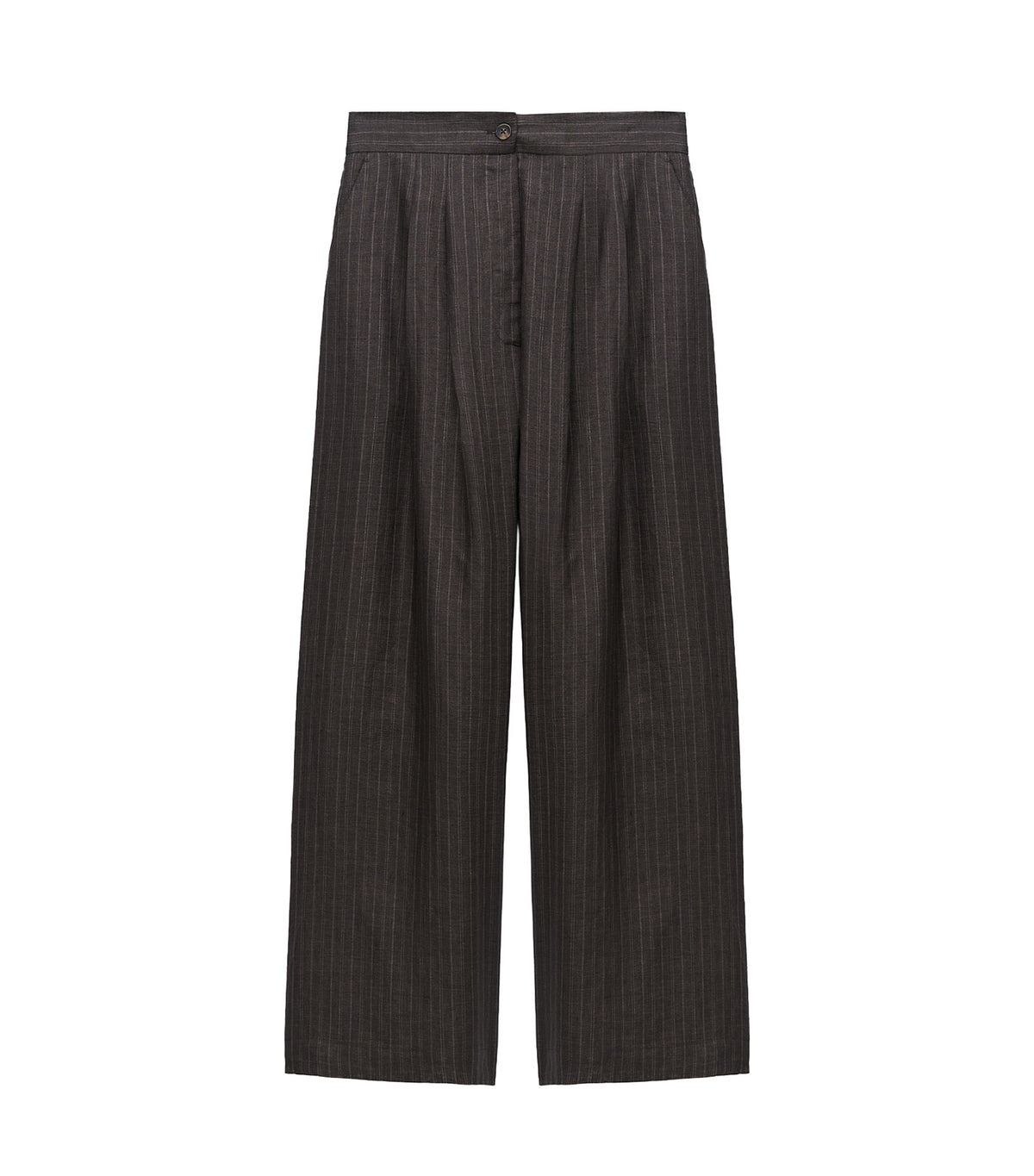 European Linen Striped Straight Trousers Brown