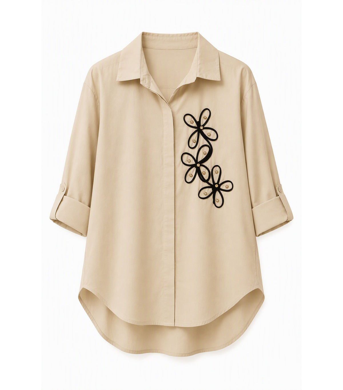 Blouse with Floral Applique Design Beige