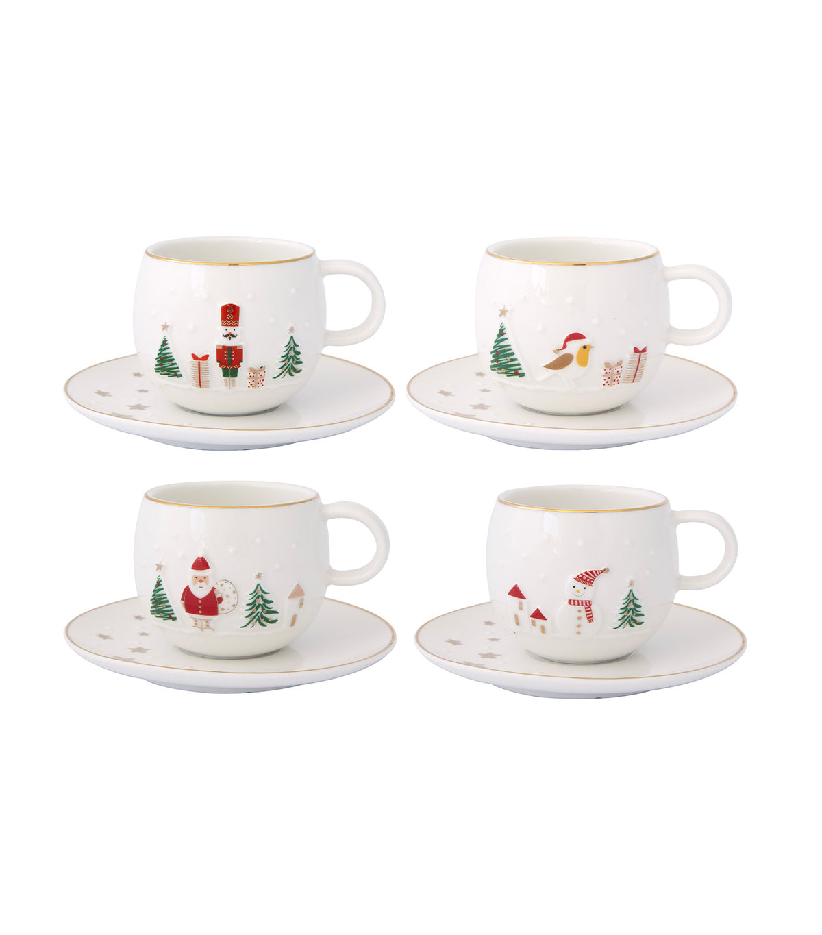 Let It Snow Set 2 Porcelain Coffee Cups and Saucers with Embossed Design