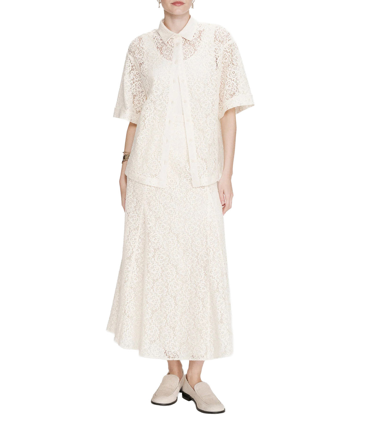 Vendel Sheer Three-Quarter-Sleeved Lace Shirt Ecru