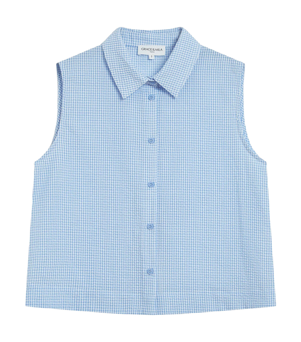 Windell Sleeveless Gingham Cotton Shirt Sky Blue