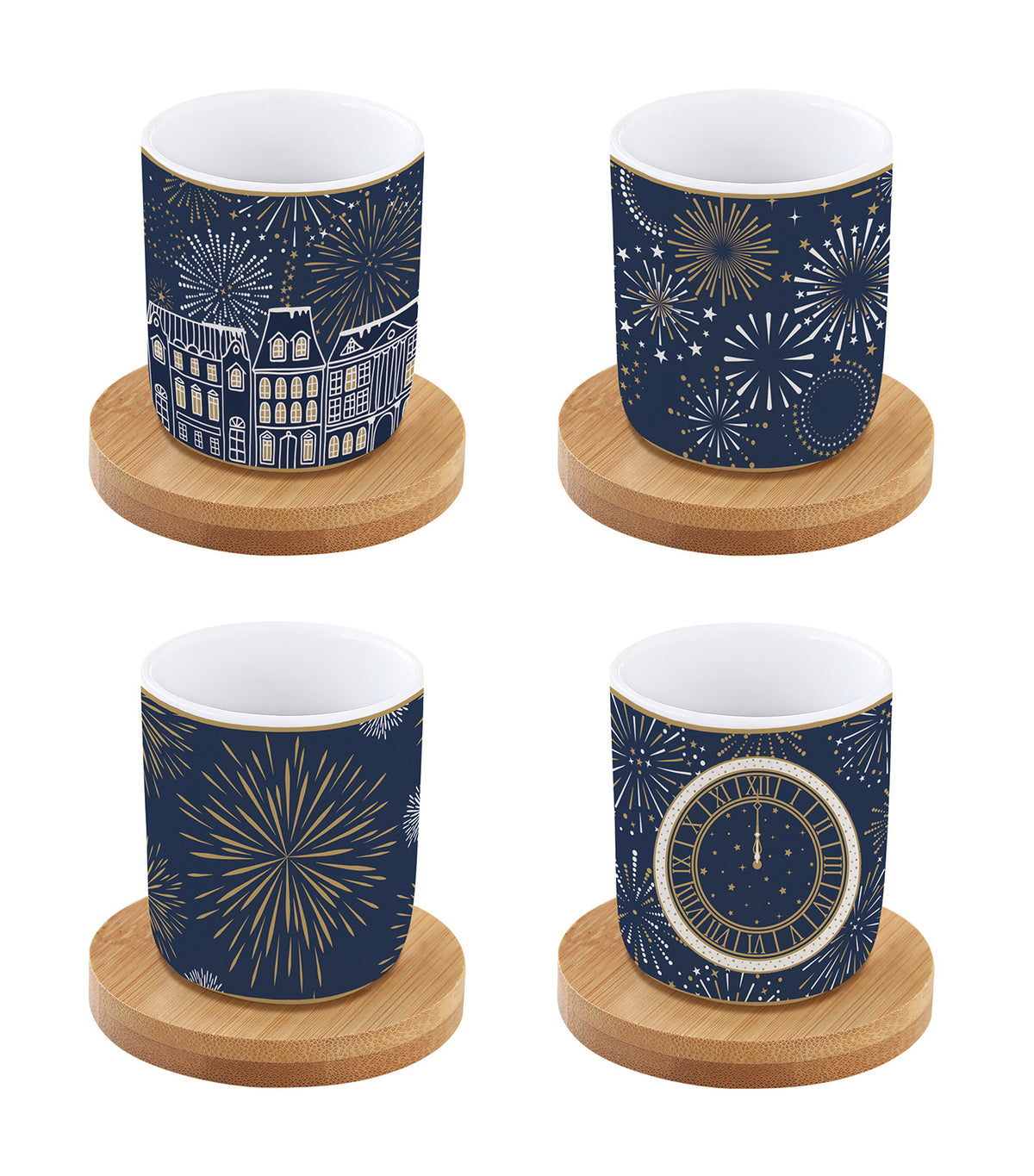 Midnight Set 4 Porcelain Coffee Cups with Bamboo Saucers