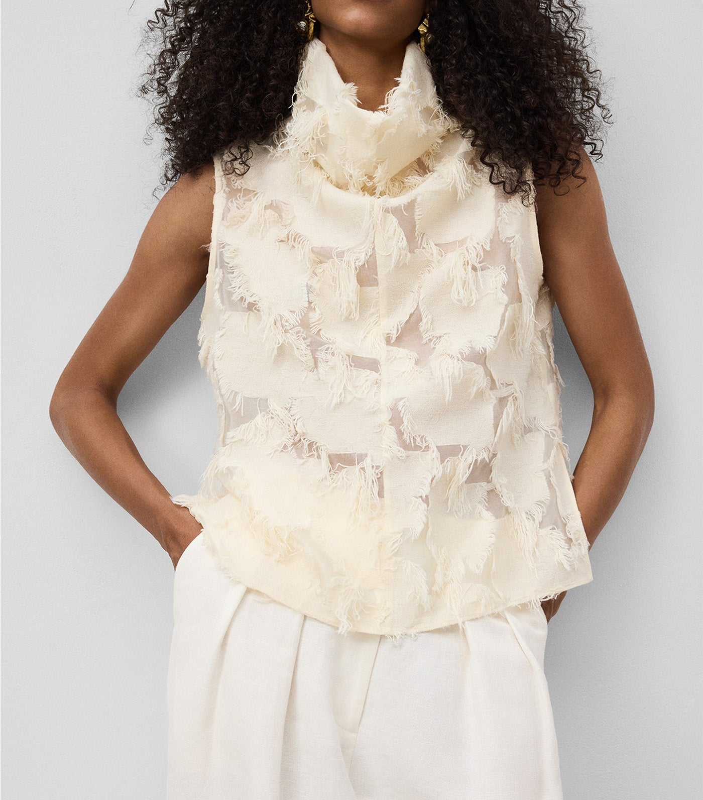 Semi-Sheer Top with Fringe Details Ecru