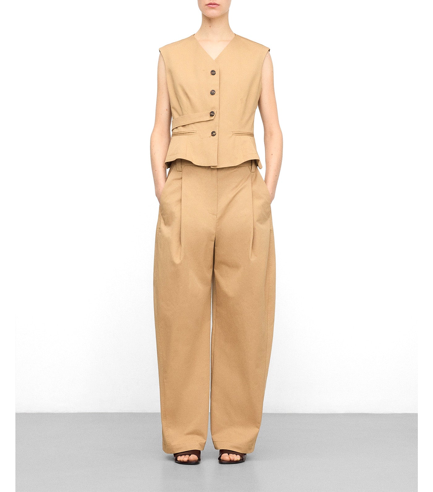 Adolfo Dominguez Organic Cotton Tailored Vest with Tab Camel