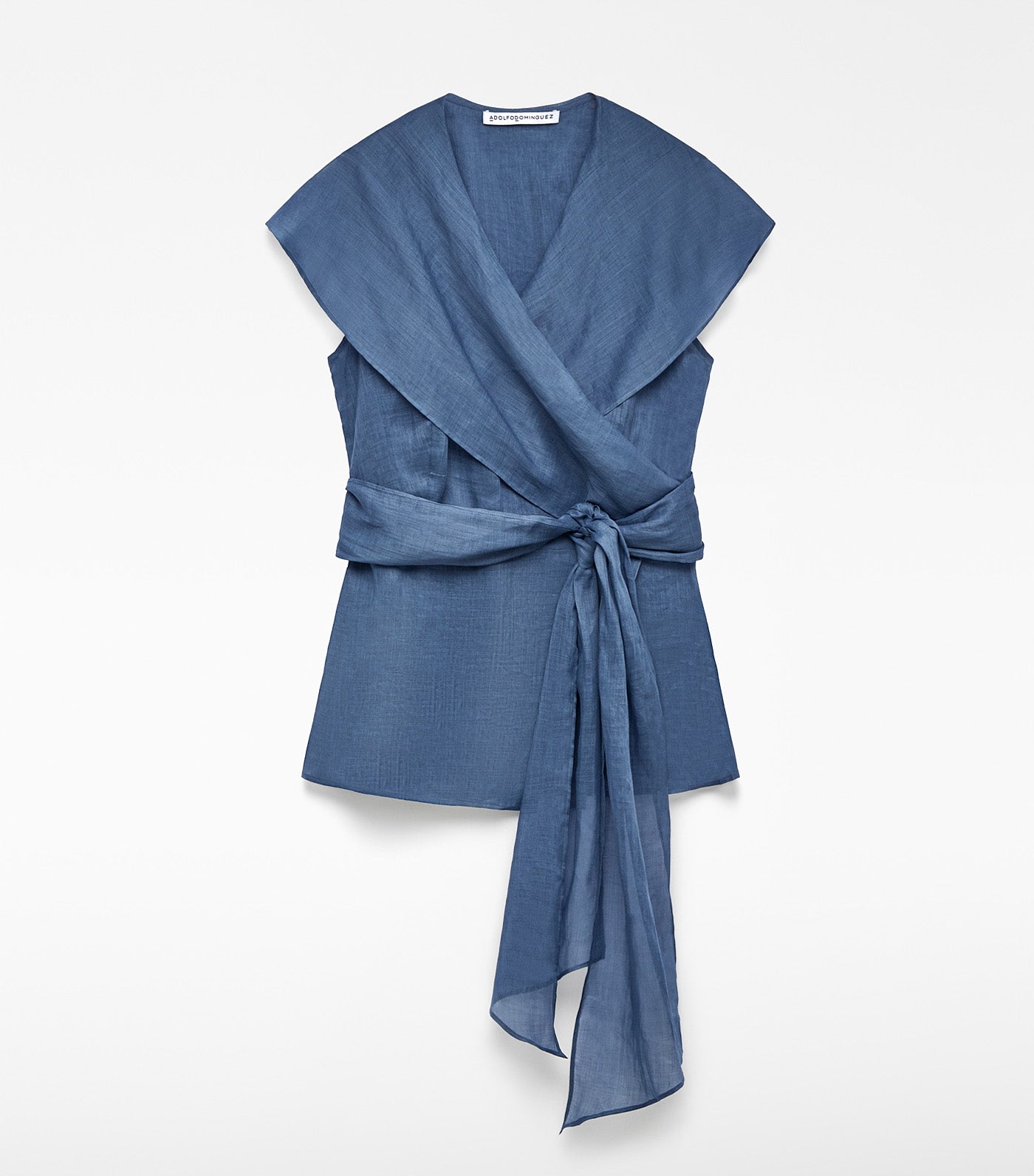 Ramie Crossed Shawl Collar Top Blue
