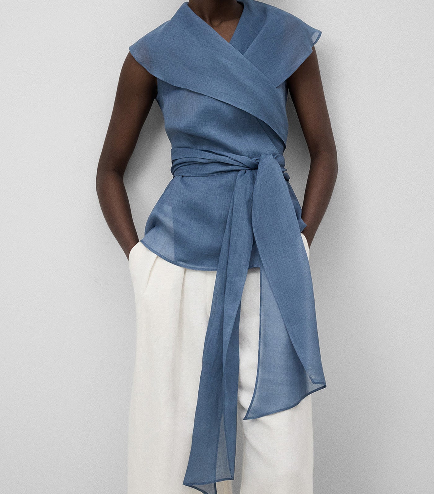 Ramie Crossed Shawl Collar Top Blue