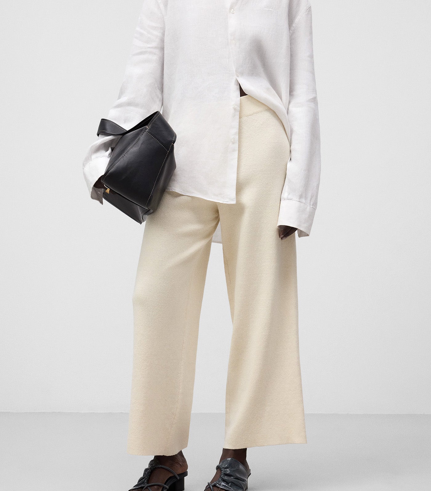 Linen Blend Knit Trousers Light Cream