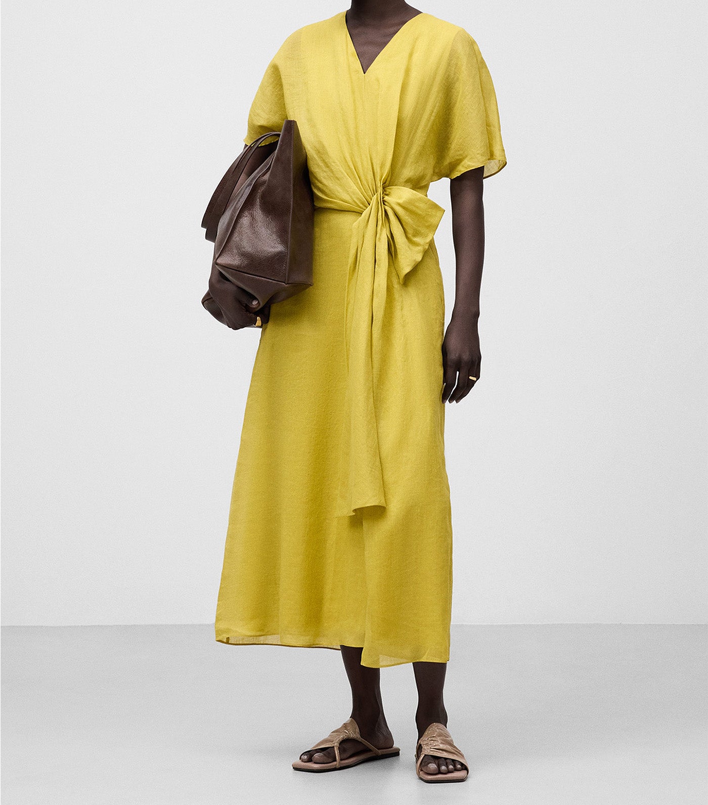 Ramie Midi Dress with Bow Yellow