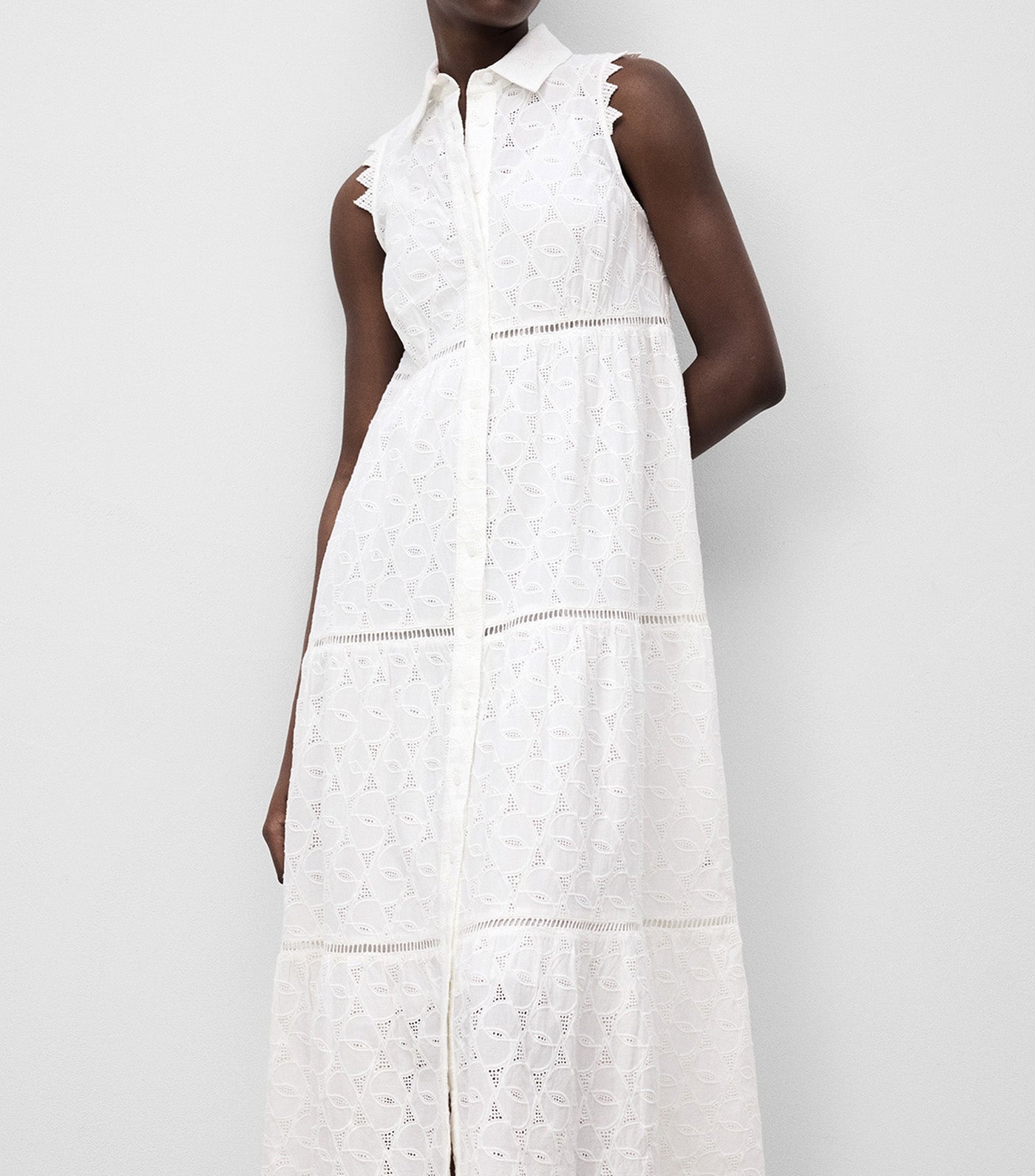 Lapel Collar Embroidered Dress White