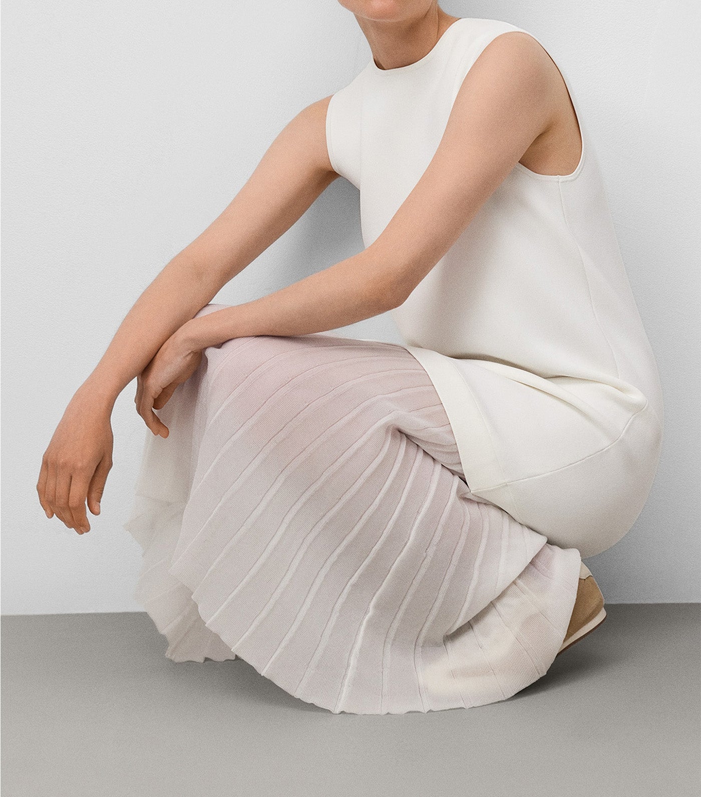 Armhole Sleeve Combined Dress Ecru