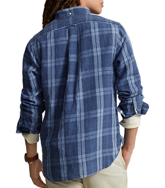 Men's Classic Fit Plaid Indigo Linen Shirt Indigo Multi