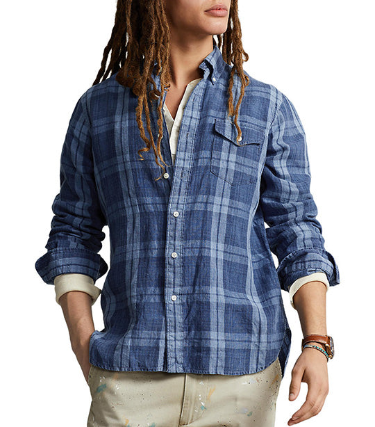 Men's Classic Fit Plaid Indigo Linen Shirt Indigo Multi