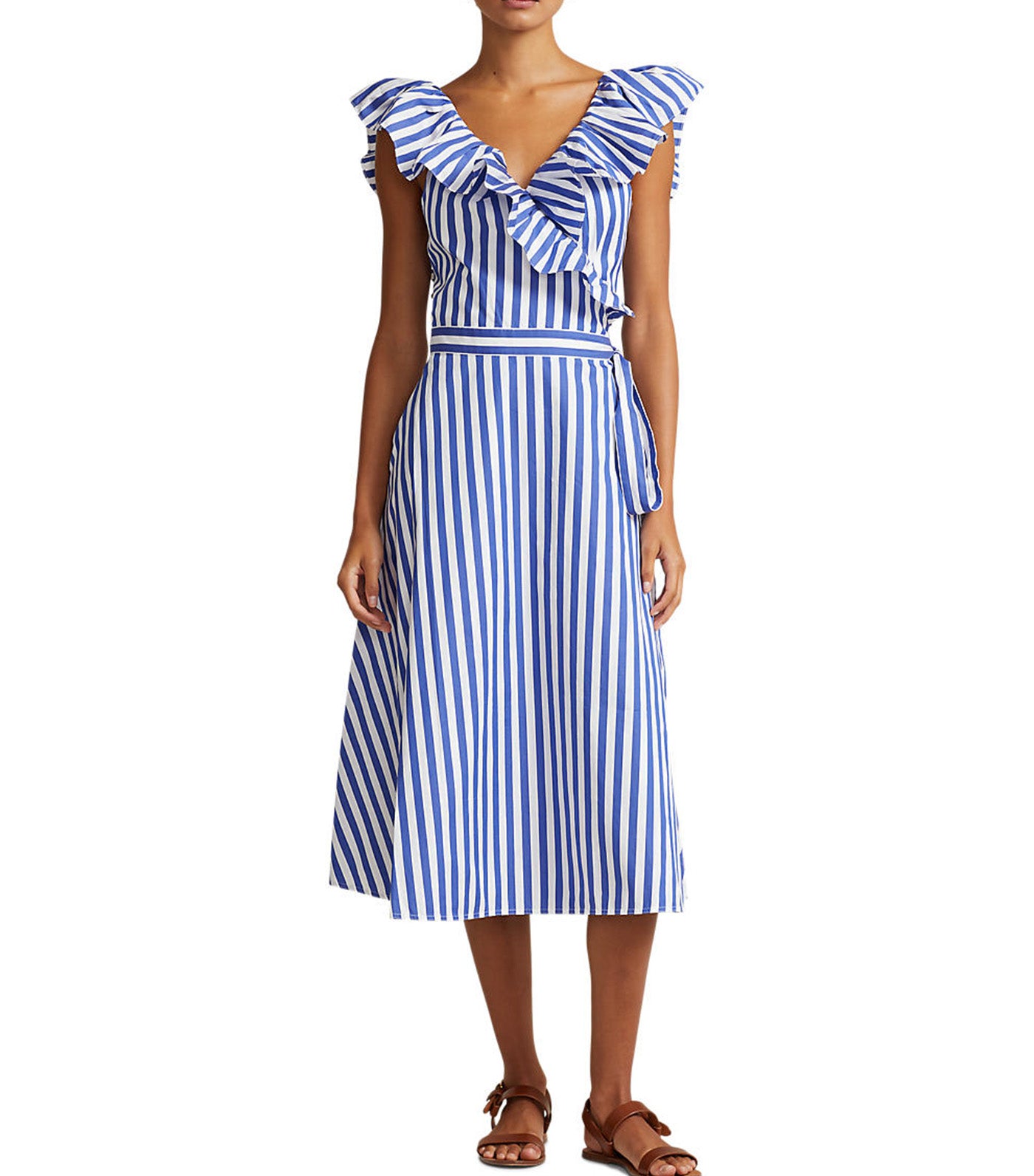 Women's Striped Ruffled Cotton Wrap Dress Ivory/Royal Stripe