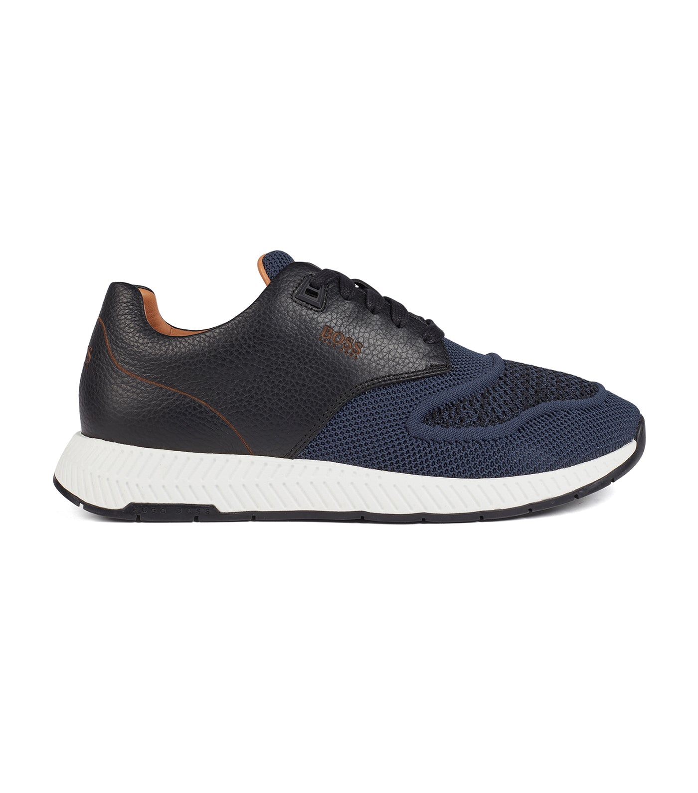Two-Tone Trainers in Knitted Fabric and Grained Leather Dark Blue
