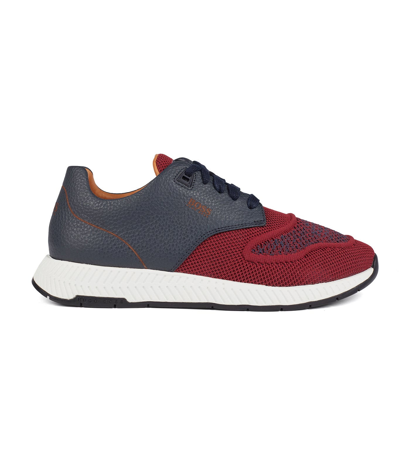 Two-Tone Trainers in Knitted Fabric and Grained Leather Dark Red