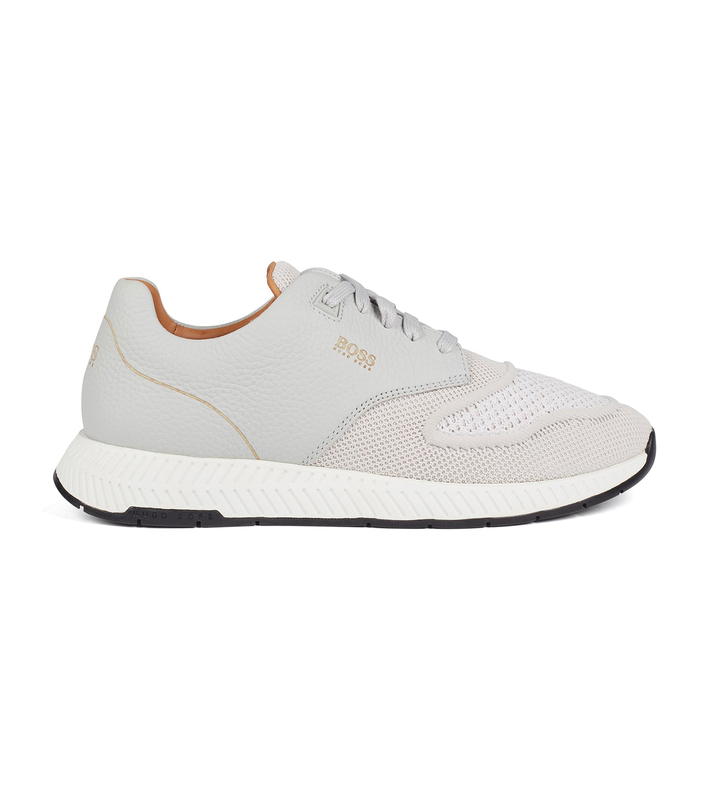 Two-Tone Trainers in Knitted Fabric and Grained Leather Light Gray