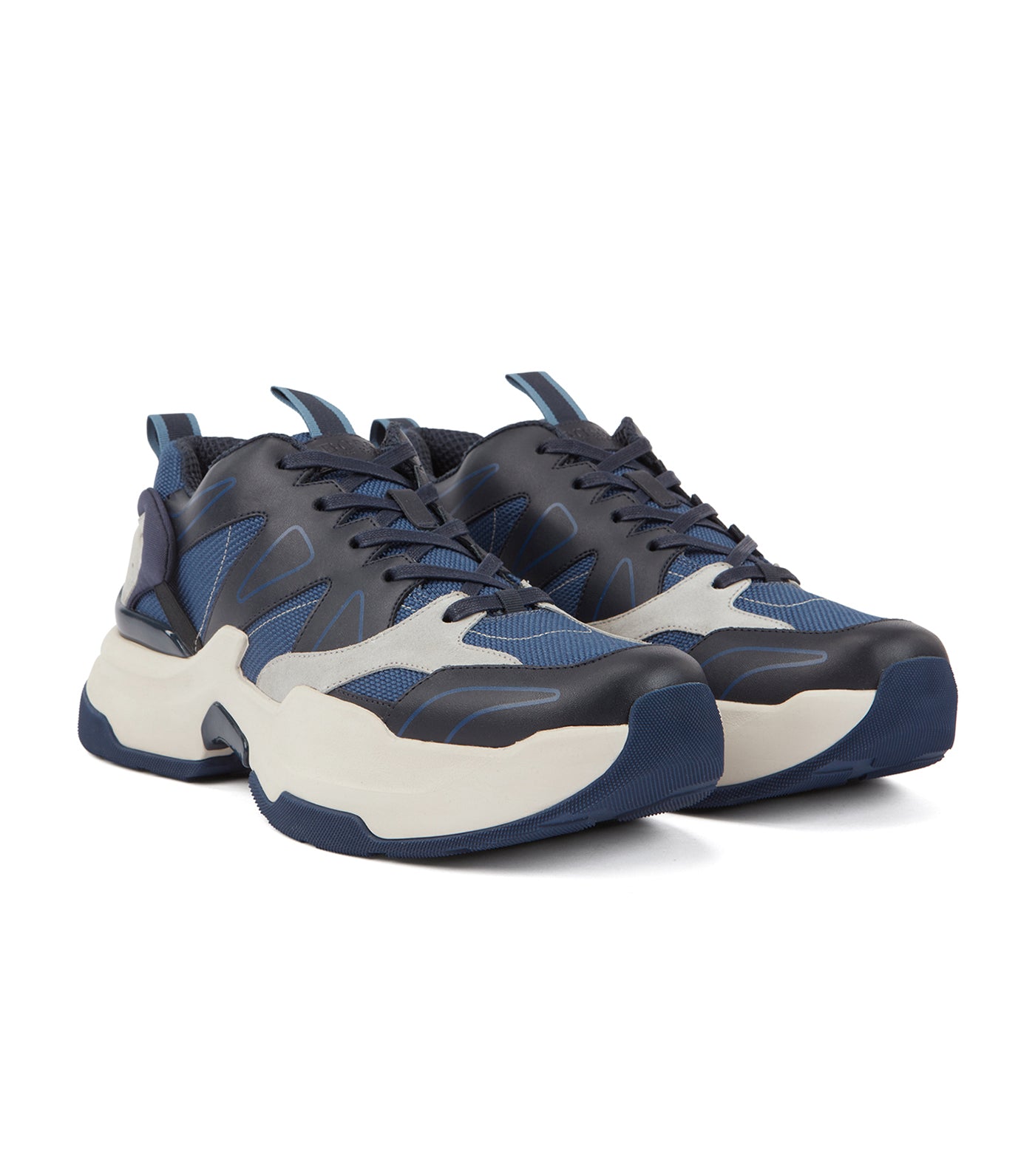 Chunky Running Trainers in Leather and Cordura Open Blue