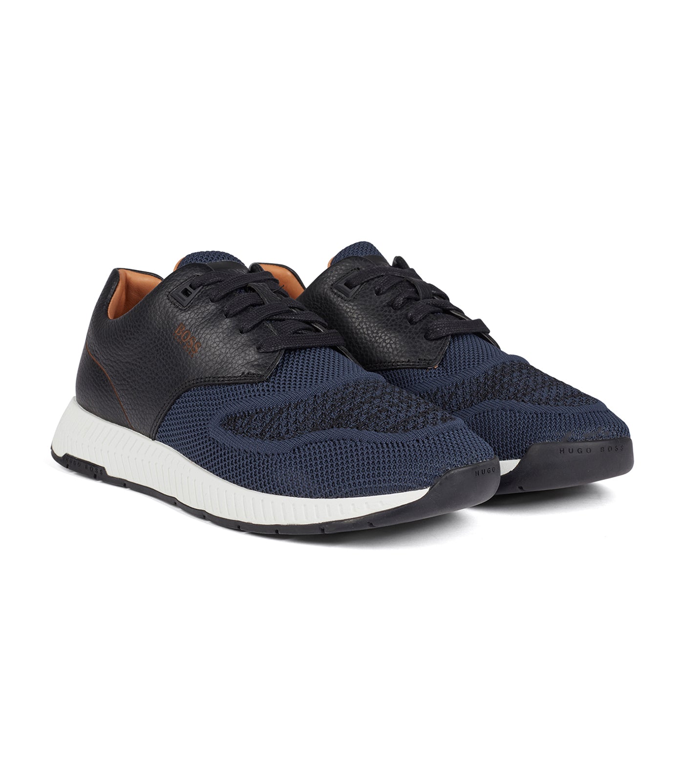 Two-Tone Trainers in Knitted Fabric and Grained Leather Dark Blue