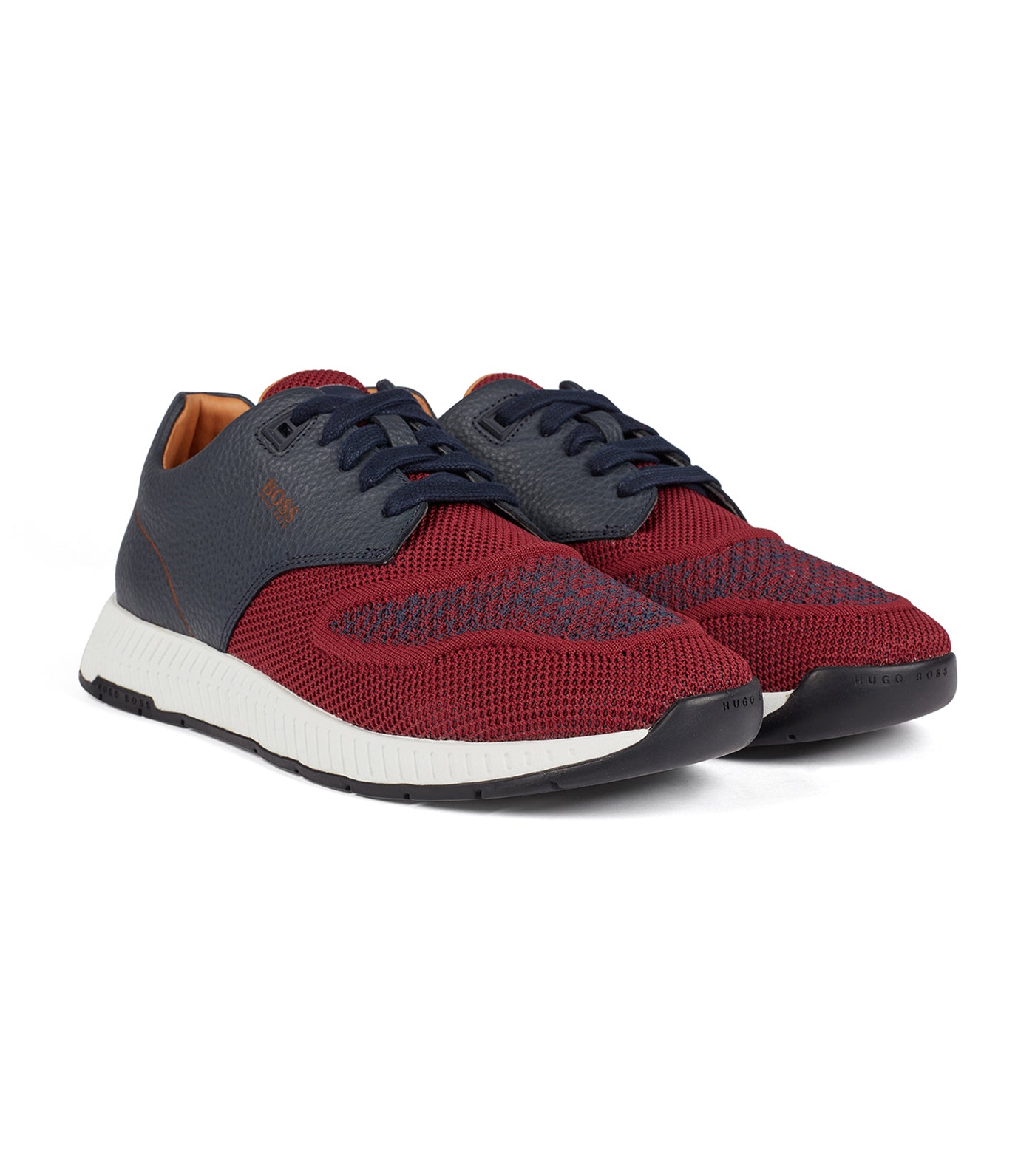 Two-Tone Trainers in Knitted Fabric and Grained Leather Dark Red