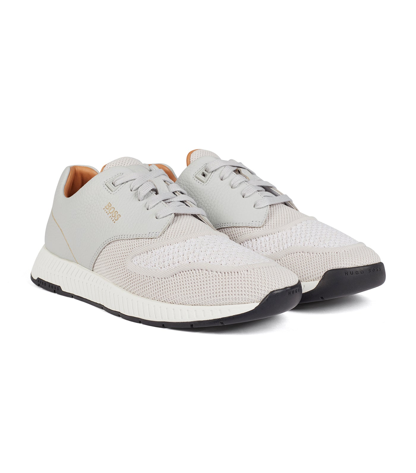 Two-Tone Trainers in Knitted Fabric and Grained Leather Light Gray