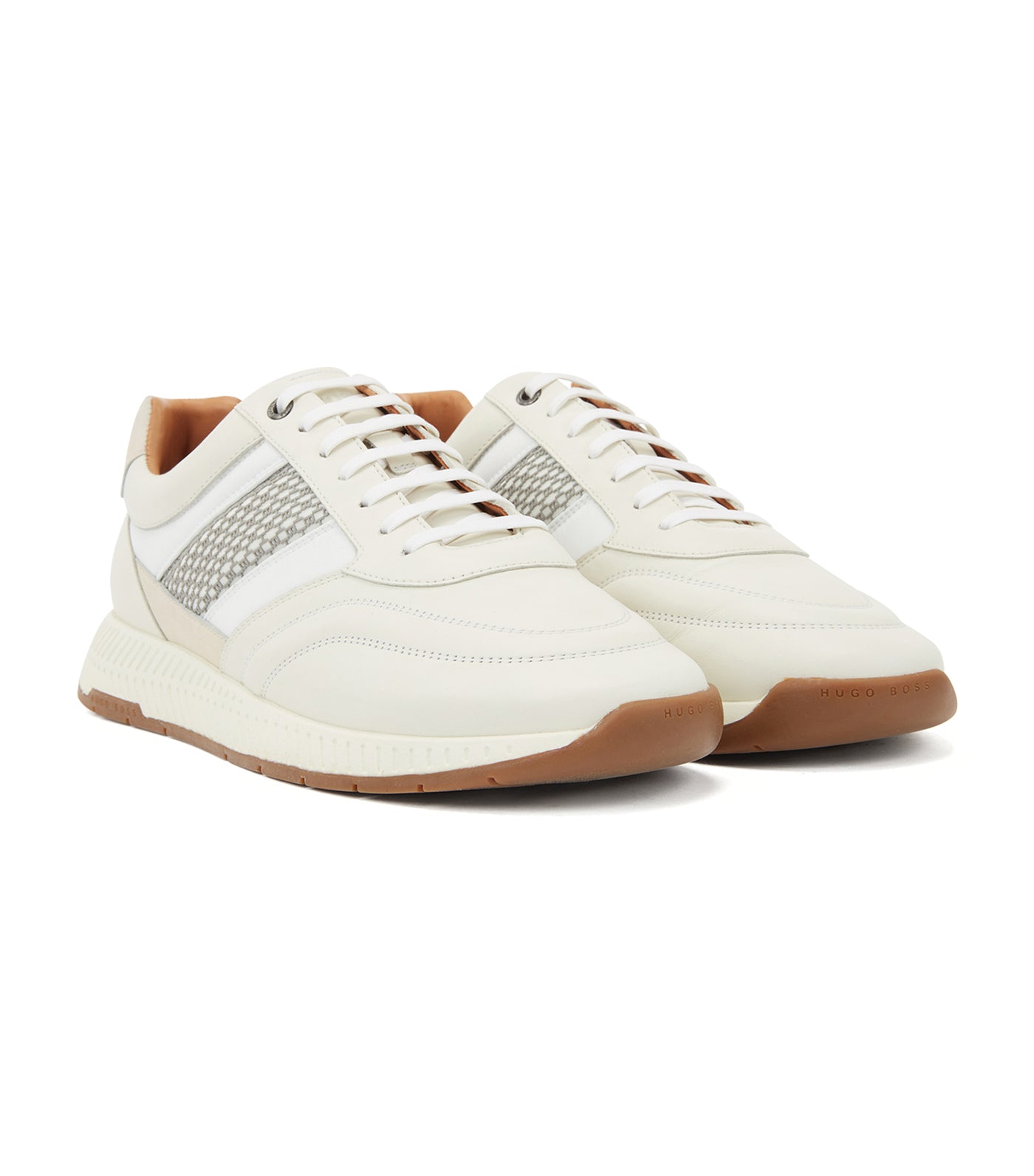 Mixed-Leather Trainers with Injected Monogram Motif White
