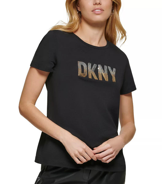 DKNY Short Sleeve Crew Neck Sequin Logo T-Shirt Black/Gold