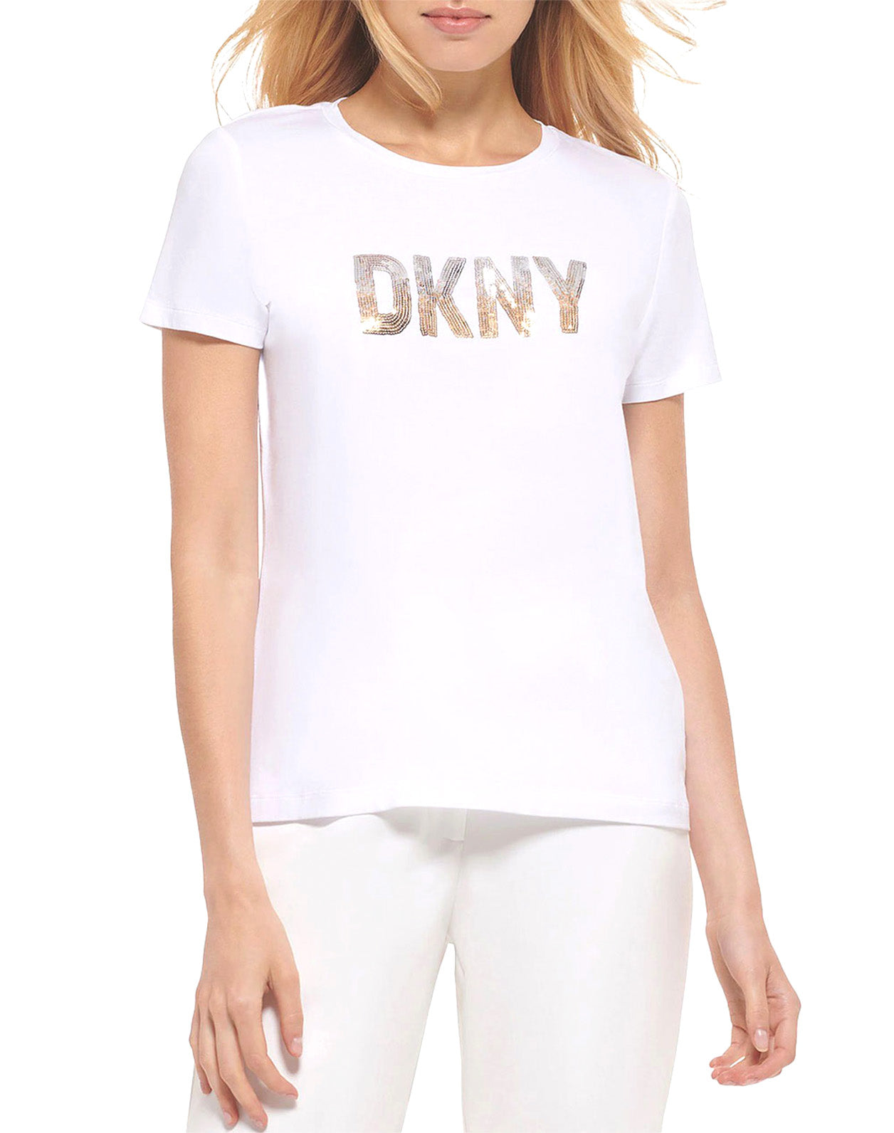 DKNY Short Sleeve Crew Neck Sequin Logo T-Shirt White/Gold