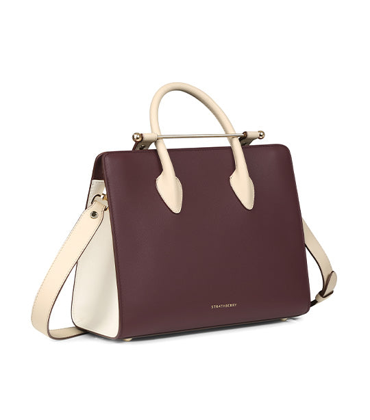 The Strathberry Midi Tote - Top Handle Leather Tote Bag - Burgundy / Navy / Cream