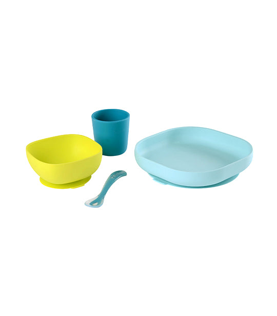 beaba silicone suction meal set – blue/neon
