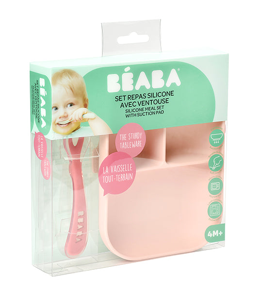 beaba divided silicone plate and spoon set – pink