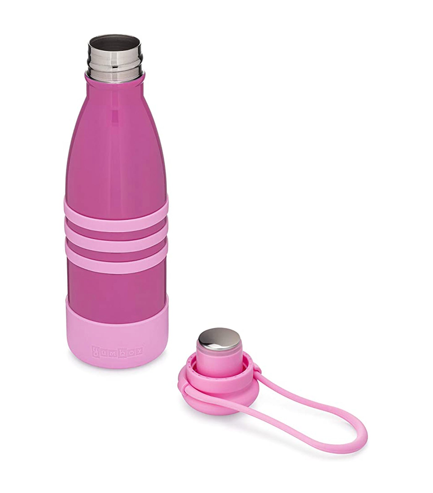 yumbox pacific pink aqua water bottle with silicone strap 