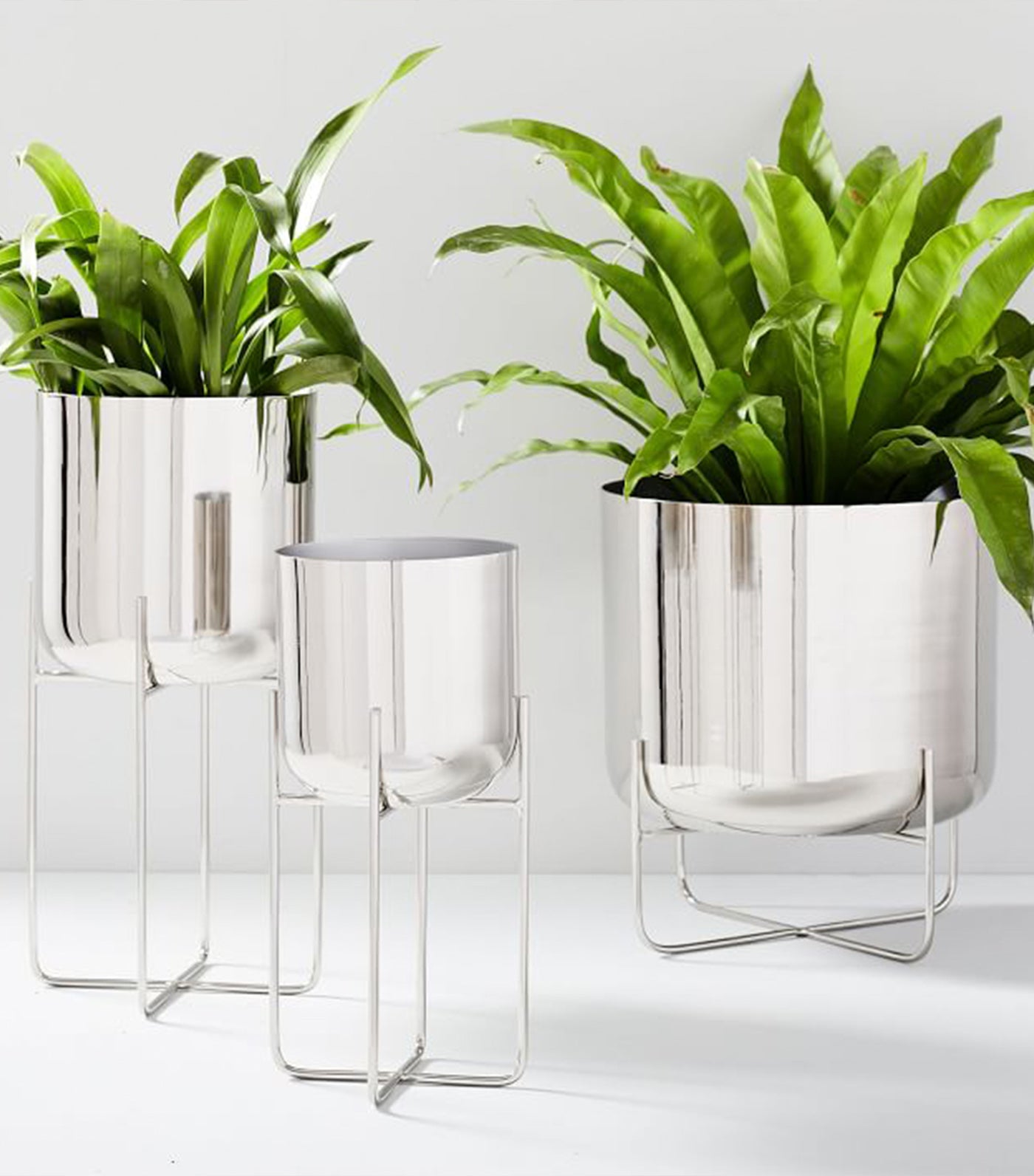 west elm spun metal standing planters - chrome