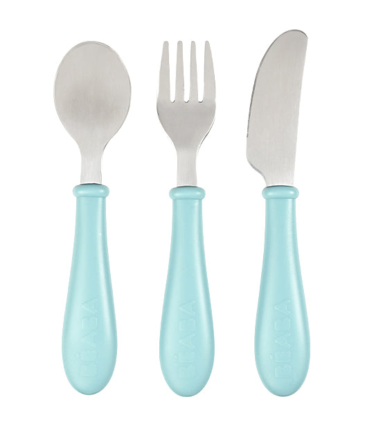 beaba stainless steel training cutlery knife/ fork/spoon – light blue