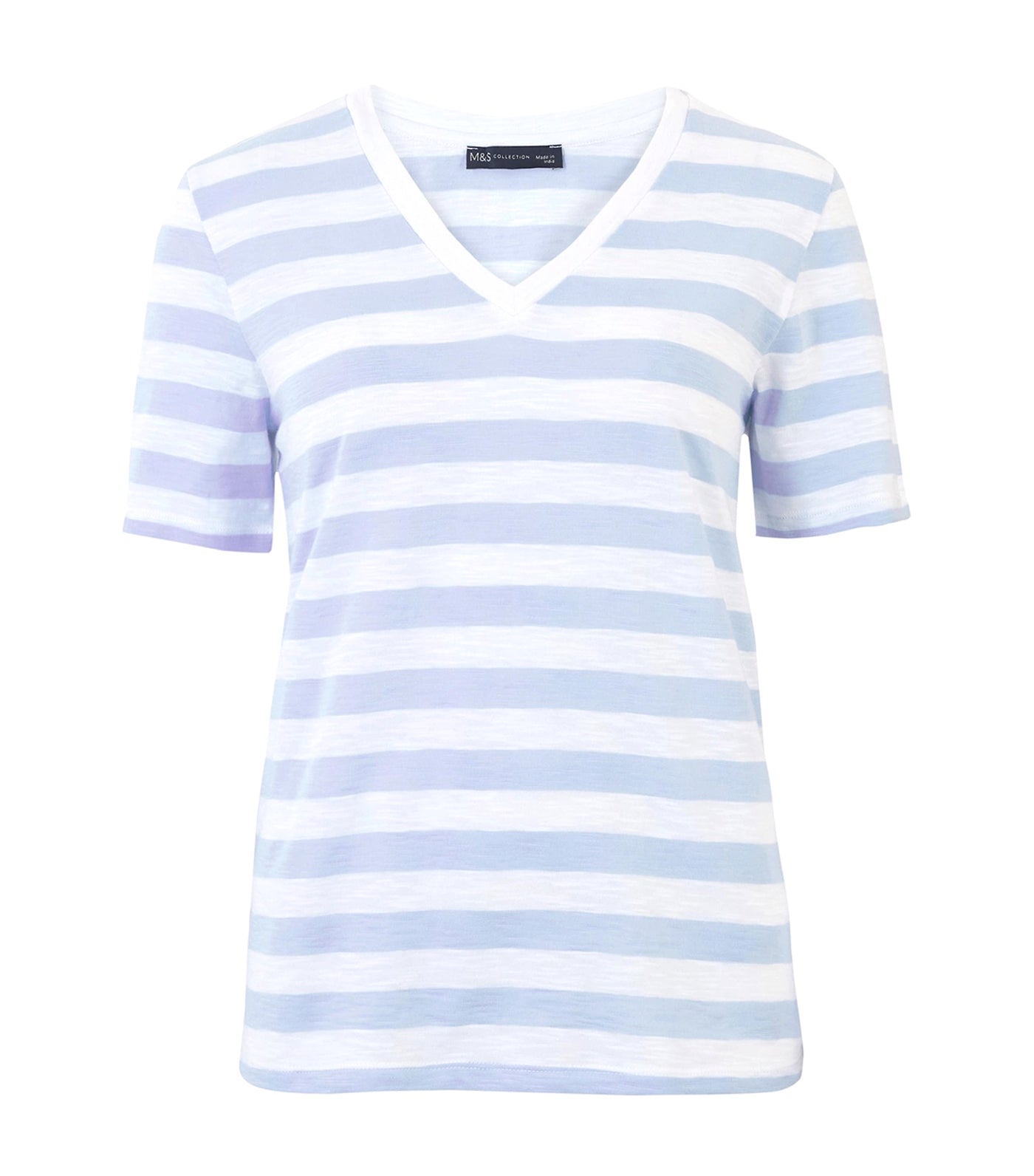 Pure Cotton Striped Straight Fit T-Shirt Light Blue Mix