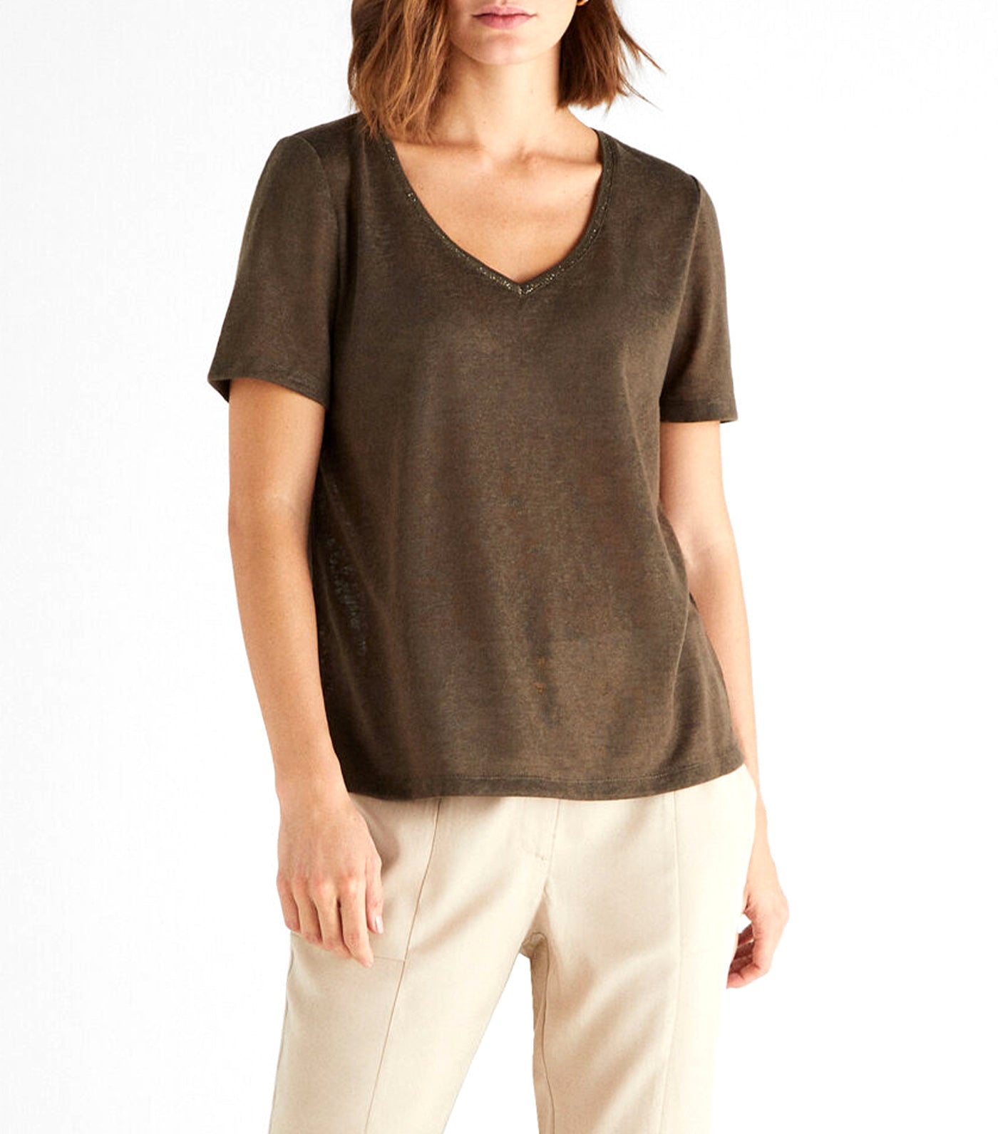 Linen Effect V-Neck T-Shirt Dark Khaki