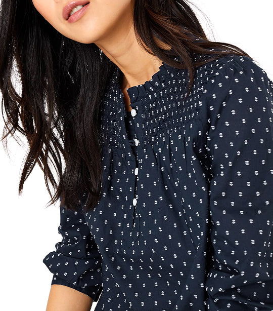 Cotton Printed Long Sleeve Blouse Navy Mix