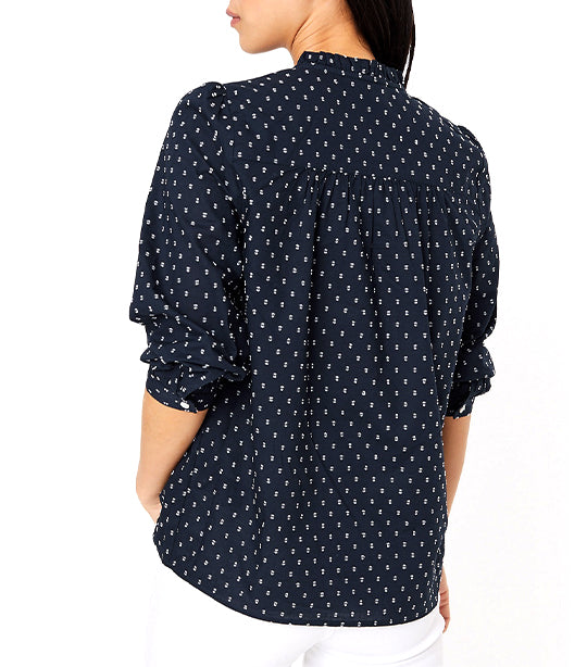 Cotton Printed Long Sleeve Blouse Navy Mix
