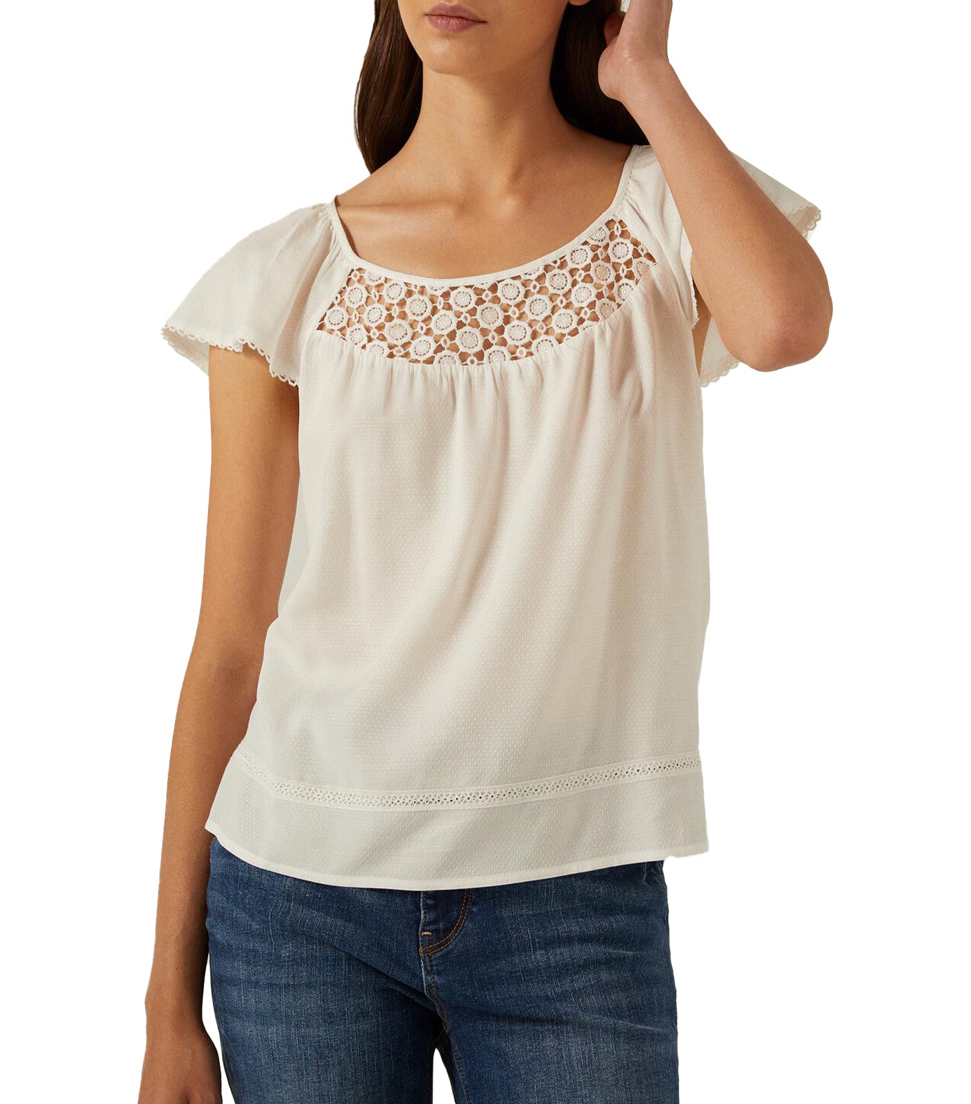 Blouse With Crochet Neckline Ivory