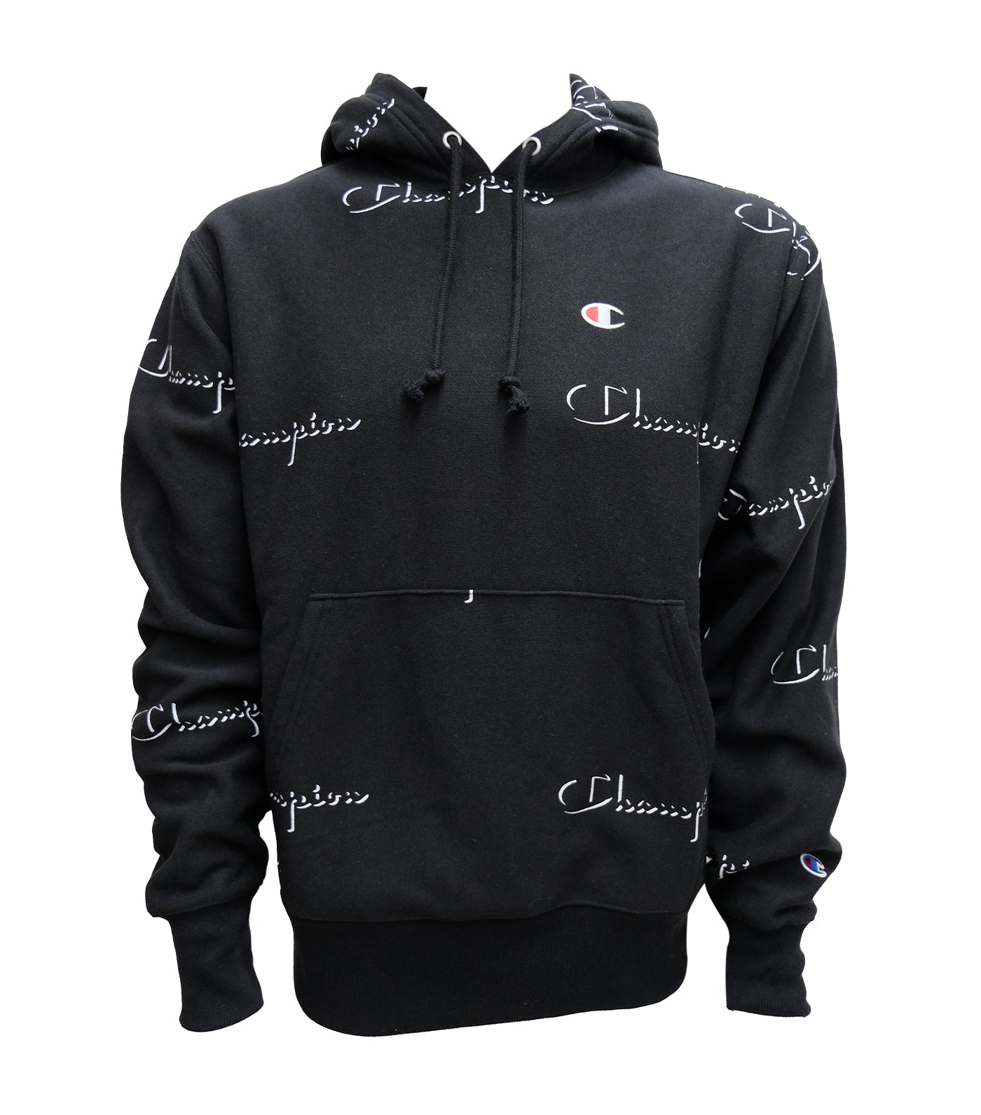 Champion Reverse Weave Pullover Hoodie All Over Print Script Drop Shadow Black Rustan s