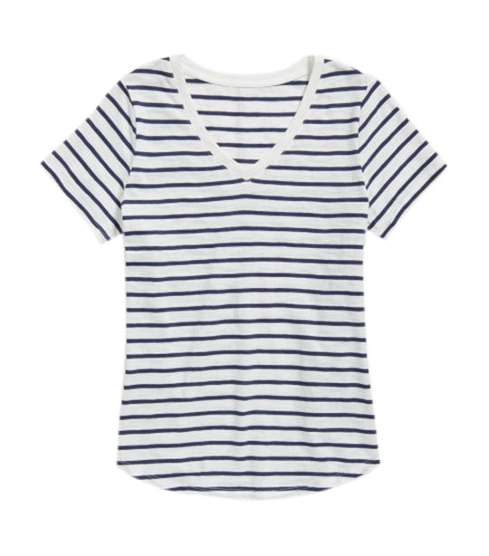 EveryWear Striped Slub-Knit V-Neck T-Shirt for Women White/Navy