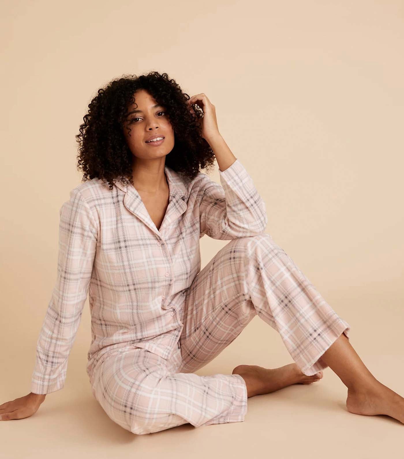 Fleece Check Pajama Set Pink Mix