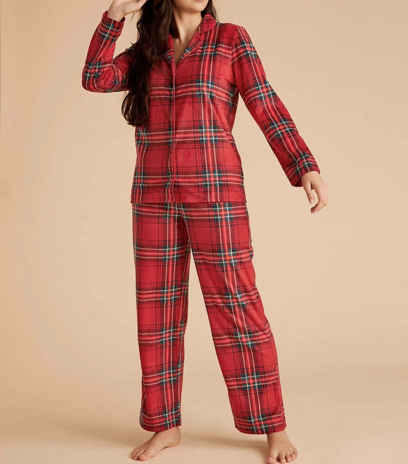 Fleece Checked Pajama Set Red Mix