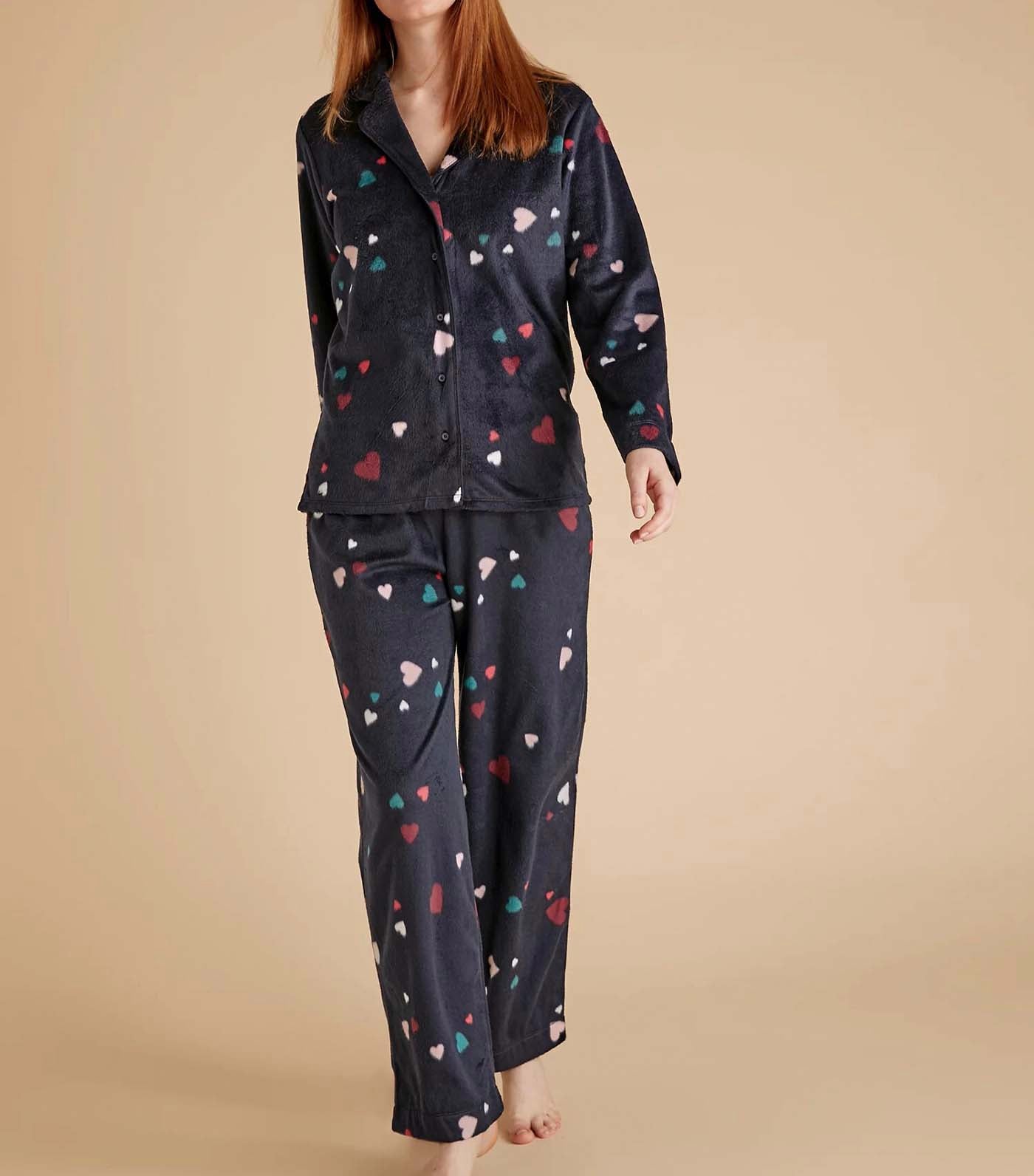 Fleece Heart Print Pajama Set Navy Mix