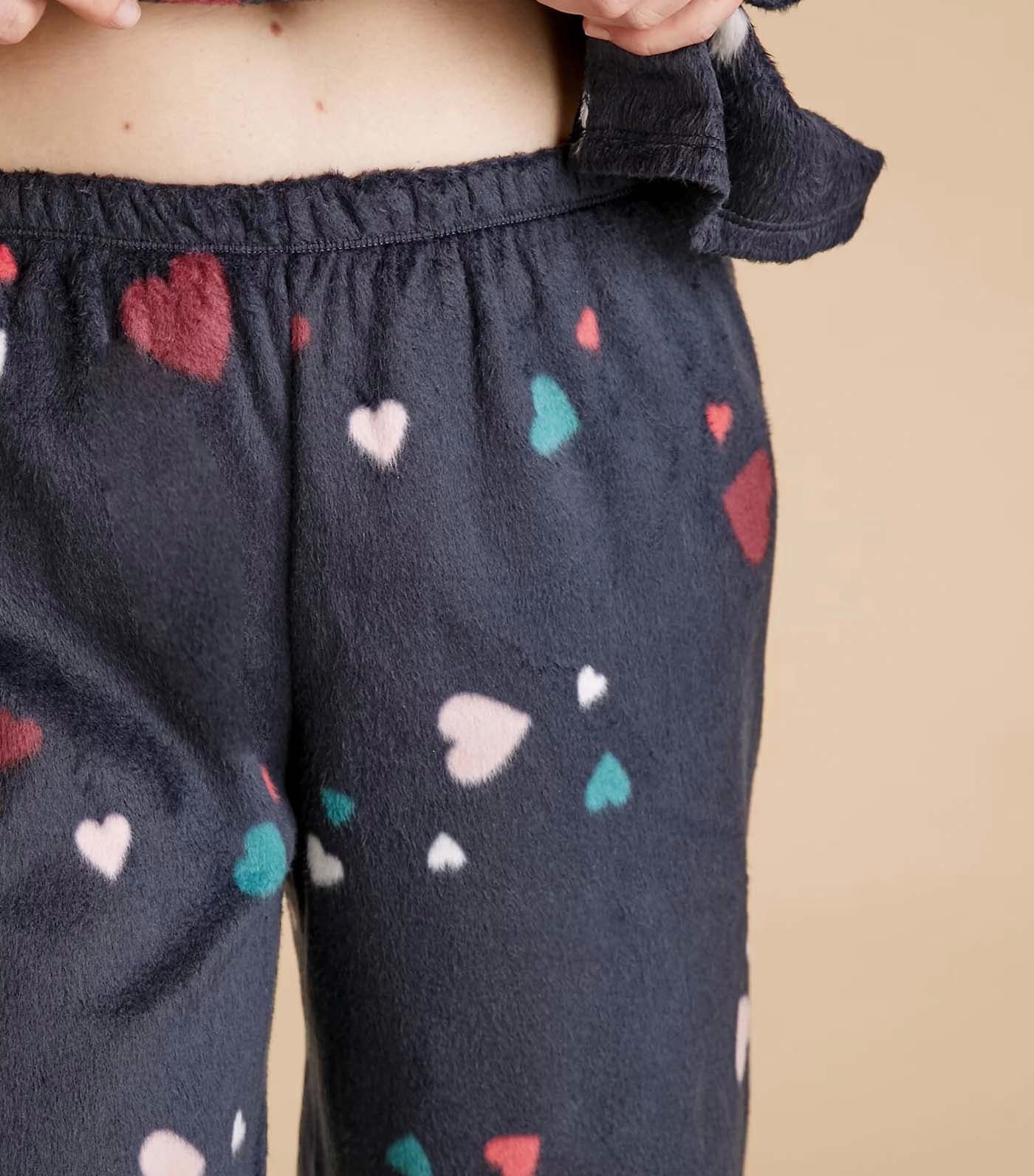 Fleece Heart Print Pajama Set Navy Mix