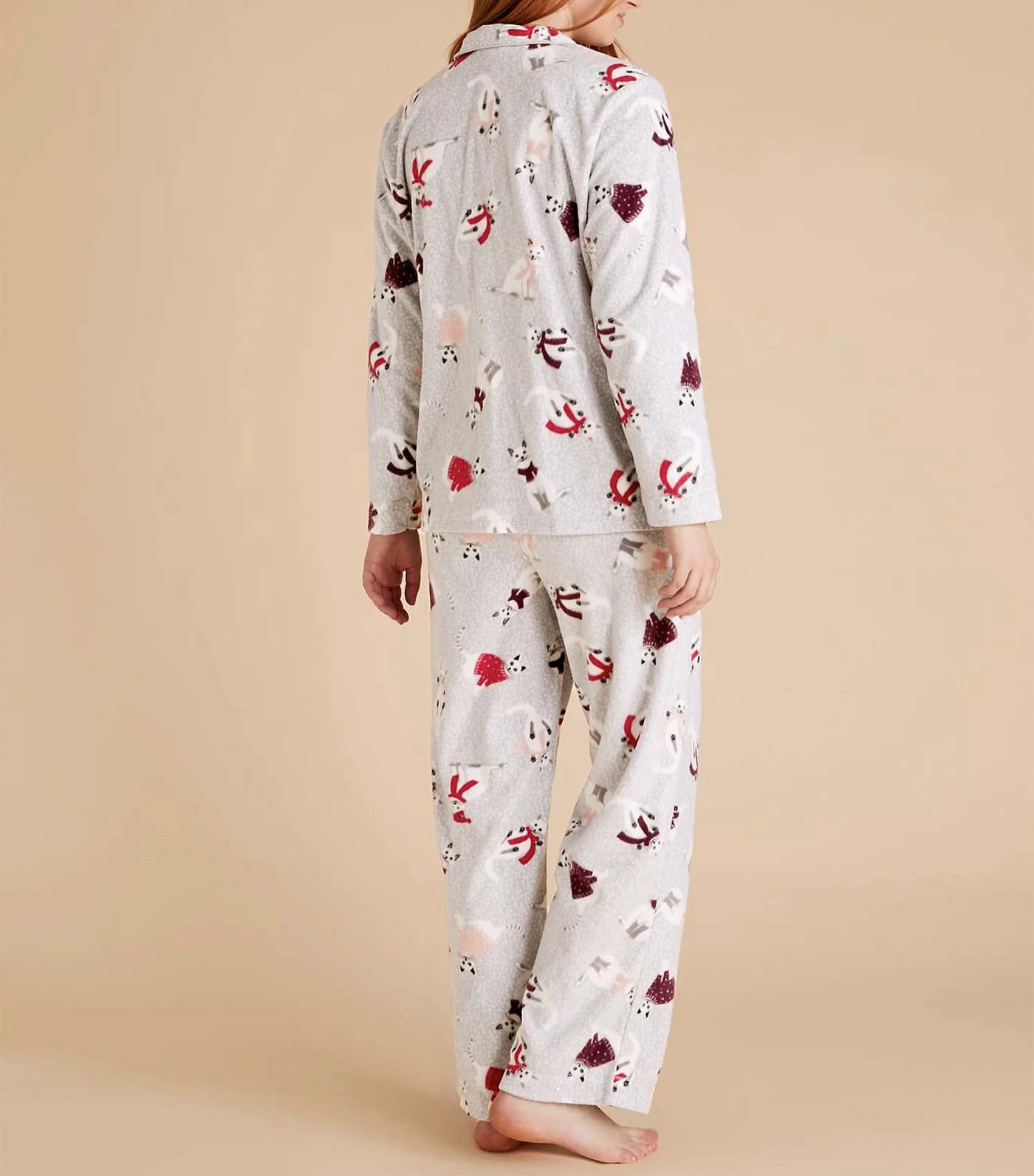 Fleece Cat Print Pajama Set Gray Mix
