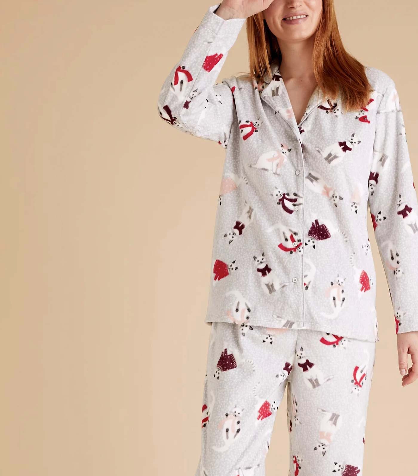 Fleece Cat Print Pajama Set Gray Mix