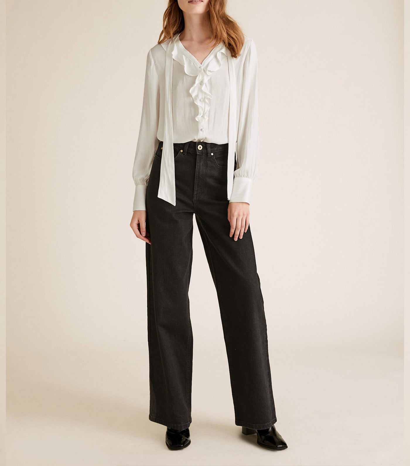 Satin Tie Neck Ruffle Long Sleeve Blouse Ivory