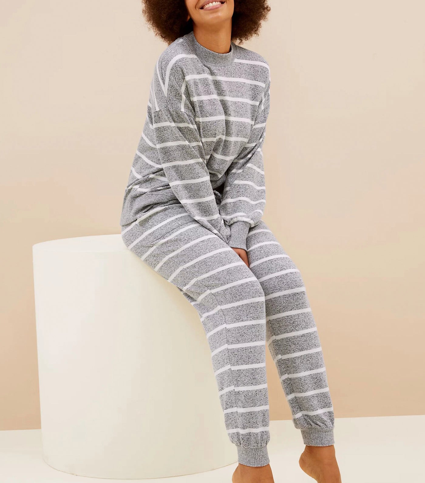 Cozy Knit Lounge Striped Pajama Top Gray Mix