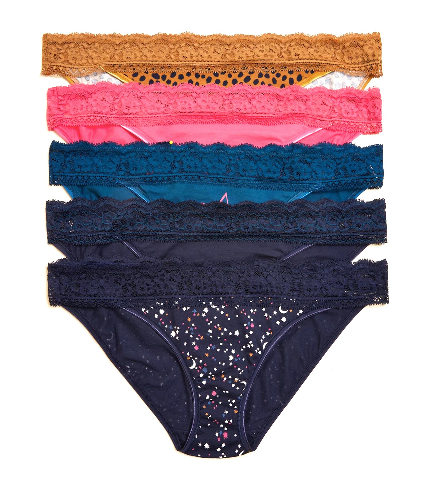 5 Pack Cotton & Lace Low Rise Bikini Panties Navy Mix